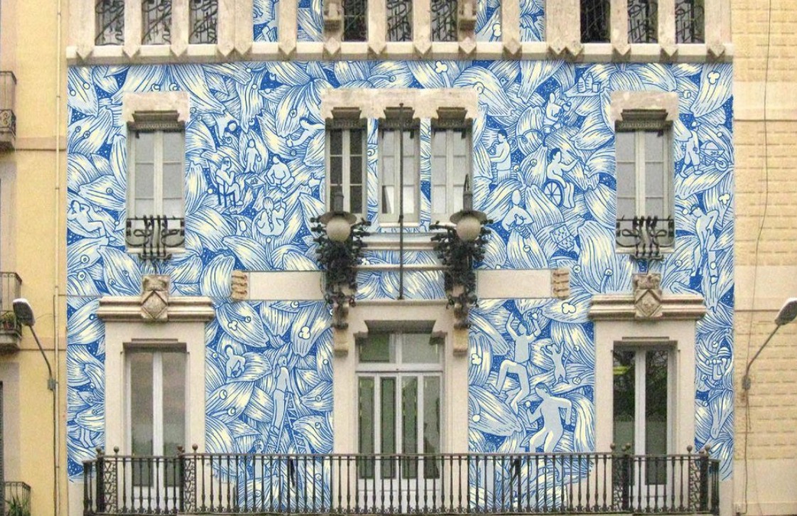 Un mural sobre la Festa Major transforma la façana del districte de Gràcia