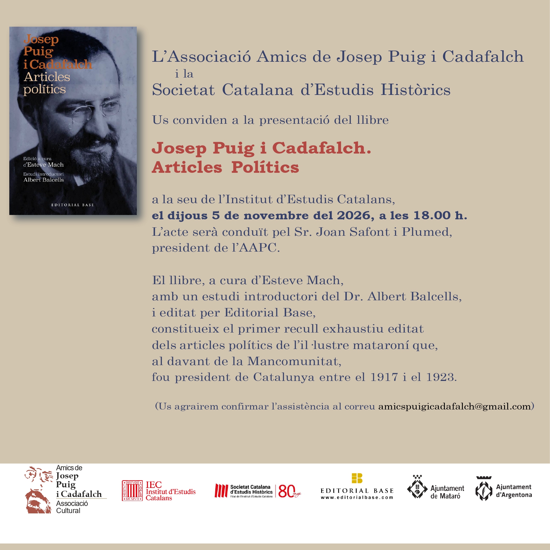 Presentation of the book \'Political Articles by Josep Puig i Cadafalch\'